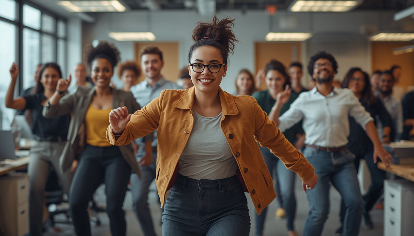 Office workers stretching during a Vivrrrinseal workplace movement session